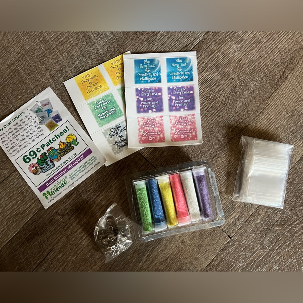 Girl Scout SWAP kits - fairy dust and unopened Irish leprechaun & shamrock pins